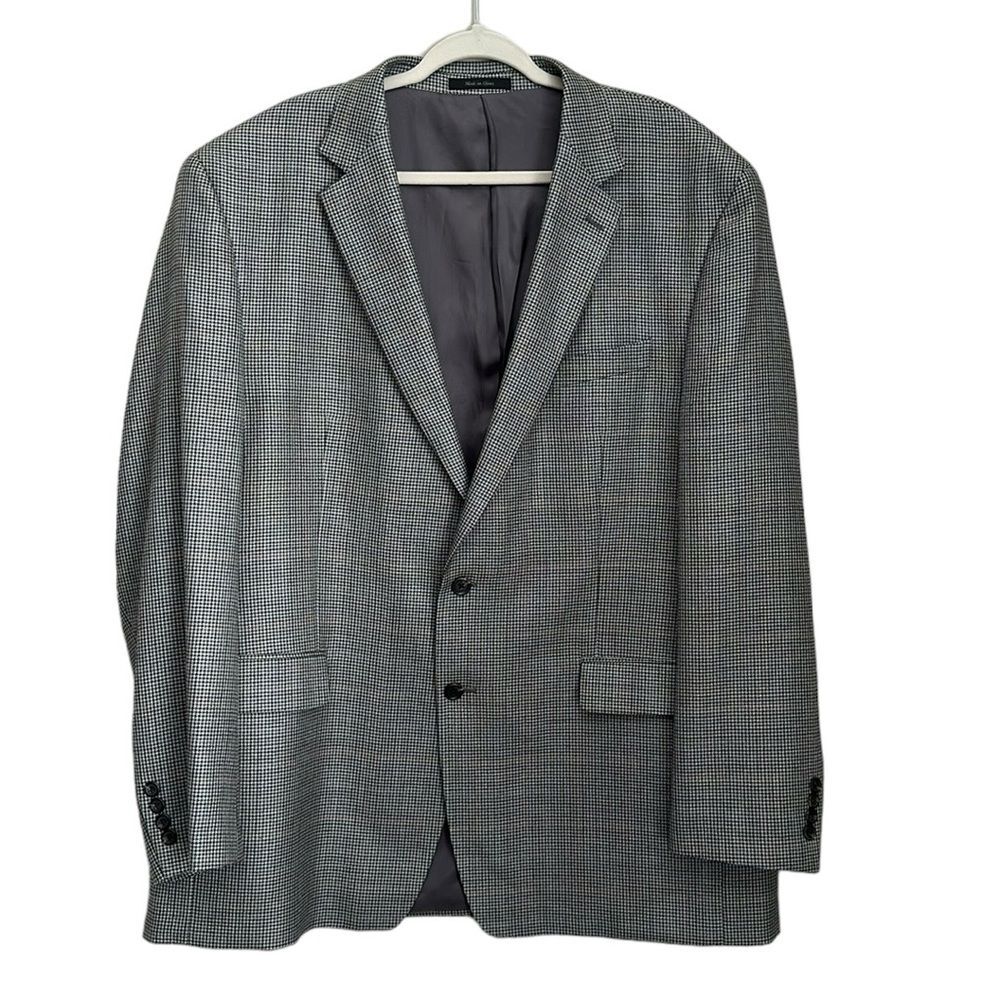 Chaps Men's Houndstooth Blazer Jacket 48L Wool/ Silk 2 Button Grey/Blue